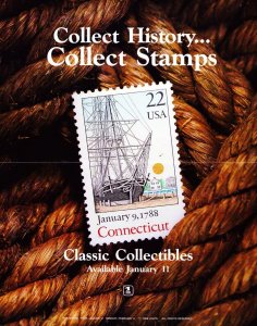 1988 USPS US Post Office Lobby Poster  Collect History 22¢ Connecticut Stamp