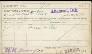 US REGISTRY BILL ALTAMONT, DAKOTA TERRITORY 11/15/84 TO AUGUSTA, ME 11/22 RARE