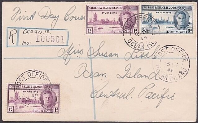 GILBERT & ELLICE IS 1946 Victory Reg FDC - Ocean Island cds................a4084