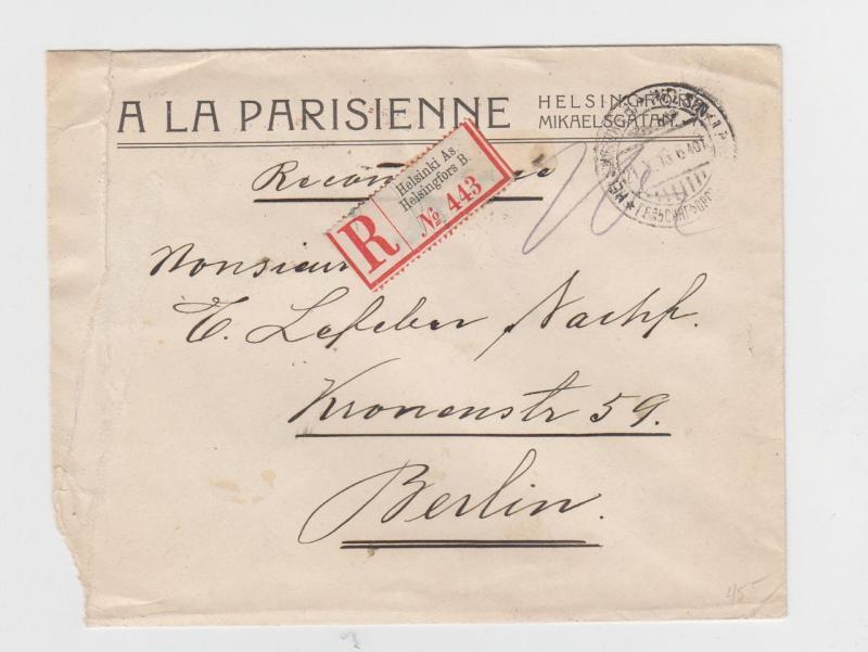 FINLAND / RUSSIA 1913 REGISTERED COVER, HELSINKI TO BERLIN, 10x2k RATED 