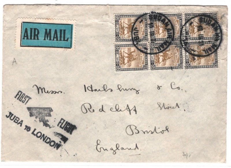 SUDAN Air Mail 1931 Cover FIRST FLIGHT JUBA-LONDON Cachet BLOCK FRANKING MA1238