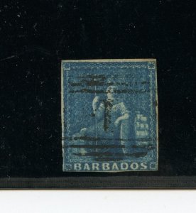 Barbados #6 (BA520) Britannia (1p) blue on white paper, Used, F-VF, CV$70.00