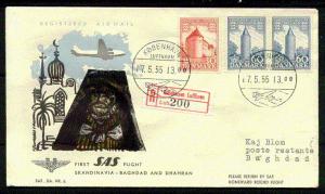 DENMARK 1955 First Flight to Baghdad w/cachet blacked out by Islamic authorities