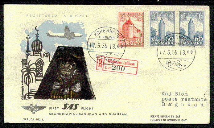 DENMARK 1955 First Flight to Baghdad w/cachet blacked out by Islamic authorities