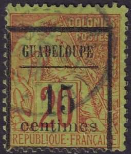 Guadeloupe 1889 Sc 4 used longer centimes overprint centre hinge thin