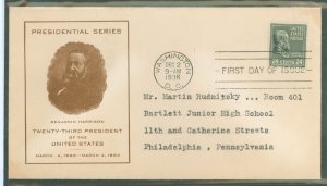 US 828 1938 24c Benjamin Harrison (part of the Presidential/Prexy Series) single on an addressed (typed) FDC with a Progressive