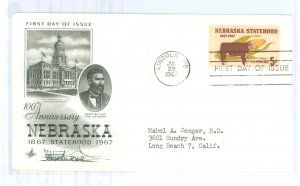US 1328 1967 Nebraska Statehood, typed address, crease. FDC