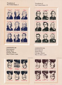 U.S 2216 / 2219 Ameripex 86' miniature president sheets (4)  MNH CV $26.00