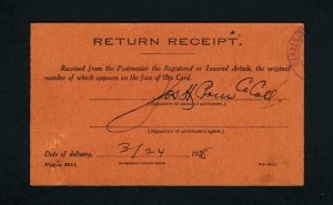 Official Return Reciept card for Registered Article, Robinson, IL - 3-24-1928
