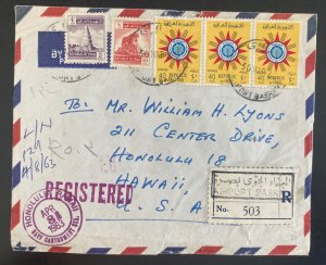 1963 Basrah Airport Iraq Airmail Registered cover To Honolulu Hawaii
