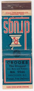 Canada Revenue 1/5¢ Excise Tax Matchbook CROOKS THE DRUGGIST Vancouver, B.C.