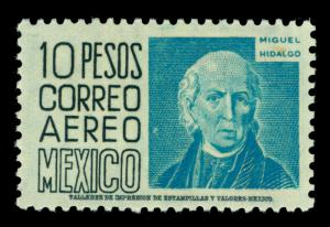 MEXICO 1952 AIRMAIL - Hidalgo 10pesos blue  Sc# C197  mint VF lightly hinged