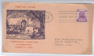 US 837 1938 3c Northwest Territory/150th Anniversary (single) on an addressed FDC and an unknown cachet