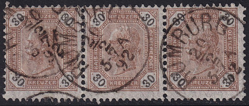 Austria - 1891 - Scott #68 - used strip of 3 - RUMBURG pmk Czech Republic