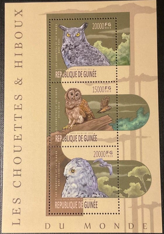 REPUBLIC OF GUINEA 2013. Owls & Owls of the World. 3v block sheet. NHM-