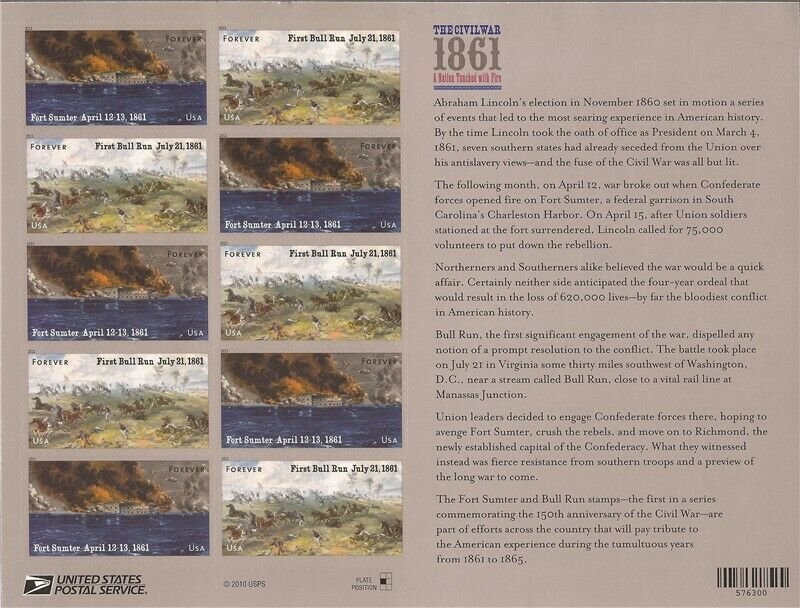 US Stamp 2011 Civil War 1st Bull Run Fort Sumter 12 Forever Stamp Sheet #4522-3