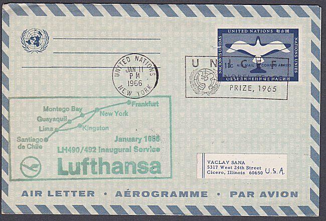 USA UN FRANKING 1966 first flight aerogramme NY to Santiago Chile...........7162