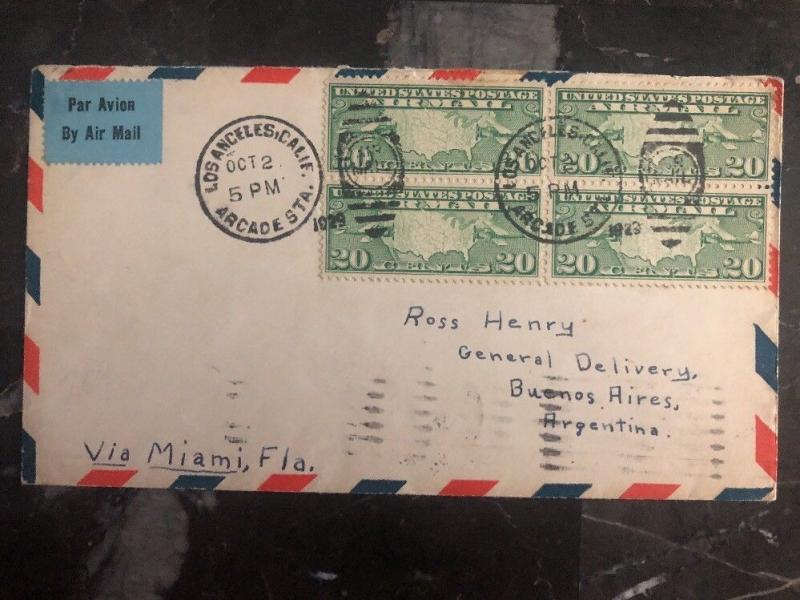 1929 Los Angeles Usa First Flight cover FFC to Buenos Aires Argentina Via Miami