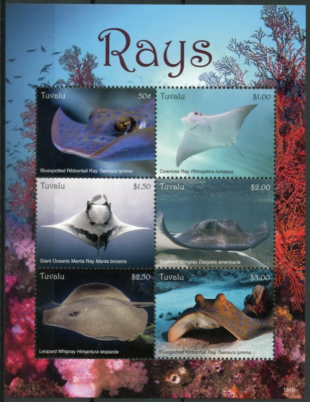 Tuvalu 2018 MNH Rays Stingrays Manta Ray 6v M/S Fish Marine Stamps