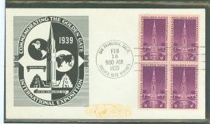 US 852 1939 3c Golden Gate Exposition bl of 4 on an addressed (label removed) FDC with a Corkley cachet