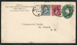 U.S. Scott #219-220 on U311, on 1892 Cover Sent to St. John's, Newfoundland