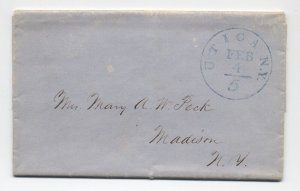 1851 Utica NY blue cDS stampless folded letter 5 integral rate [H.3896]