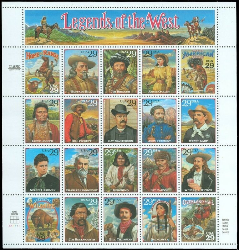 US SCOTT #2870 Sheet Legends of The West Recalled Error Sheet, XF-MNH garyposner