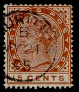 MAURITIUS QV SG107, 15c chestnut, VERY FINE USED. CDS 