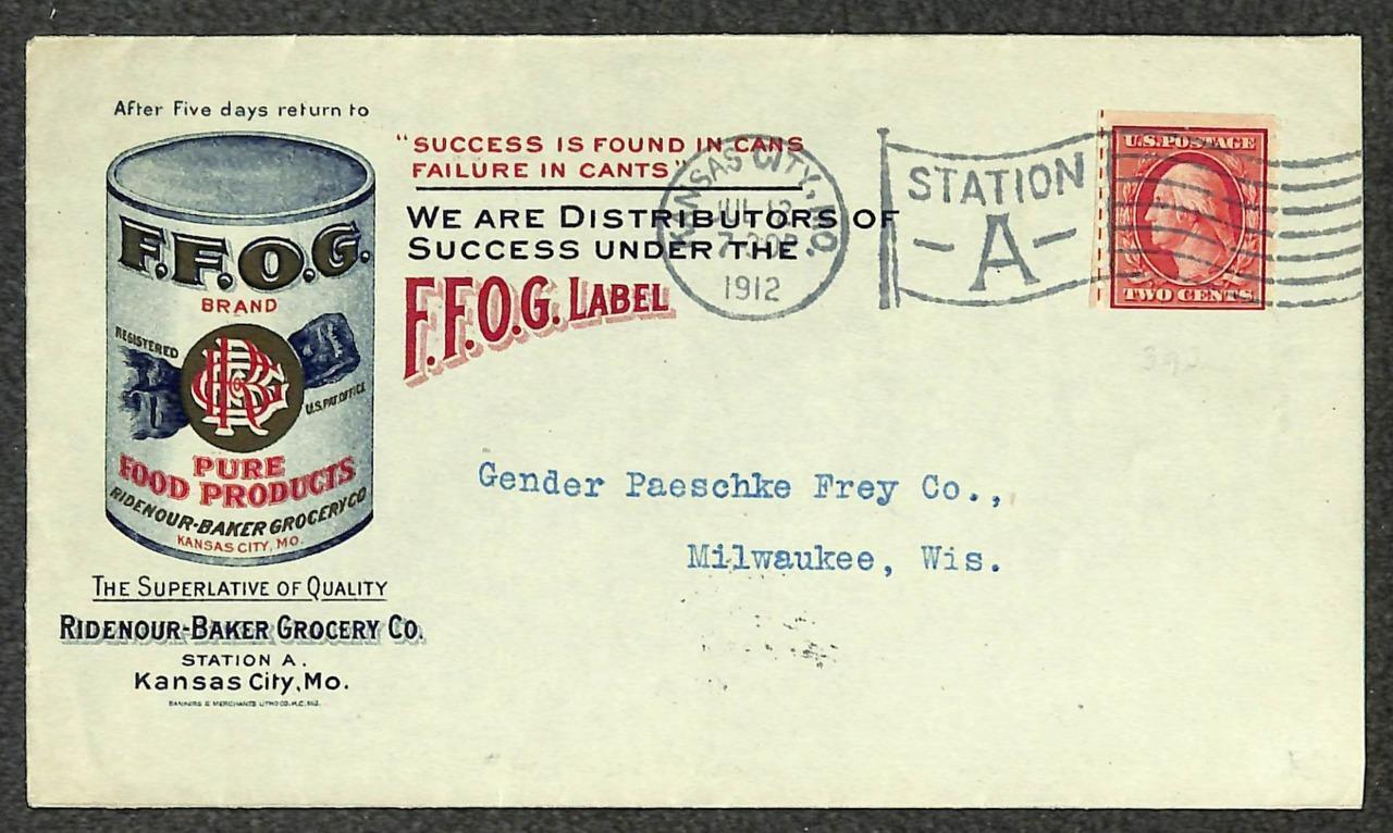 USA 393 Stamp F.F.O.G Ridenour Baker Grocery CO Missouri Advertising