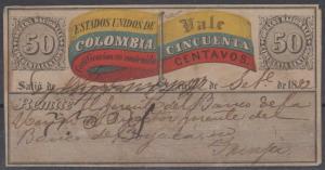 COLOMBIA 1882 INSURED LETTER CUBIERTAS Sc G7 KEY VALUE USED BOGOTA TO TUNJA 