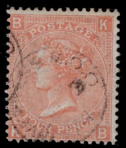 GB QV SG93, 4d dull vermilion plate 13, FINE USED. Cat £75. CDS KB