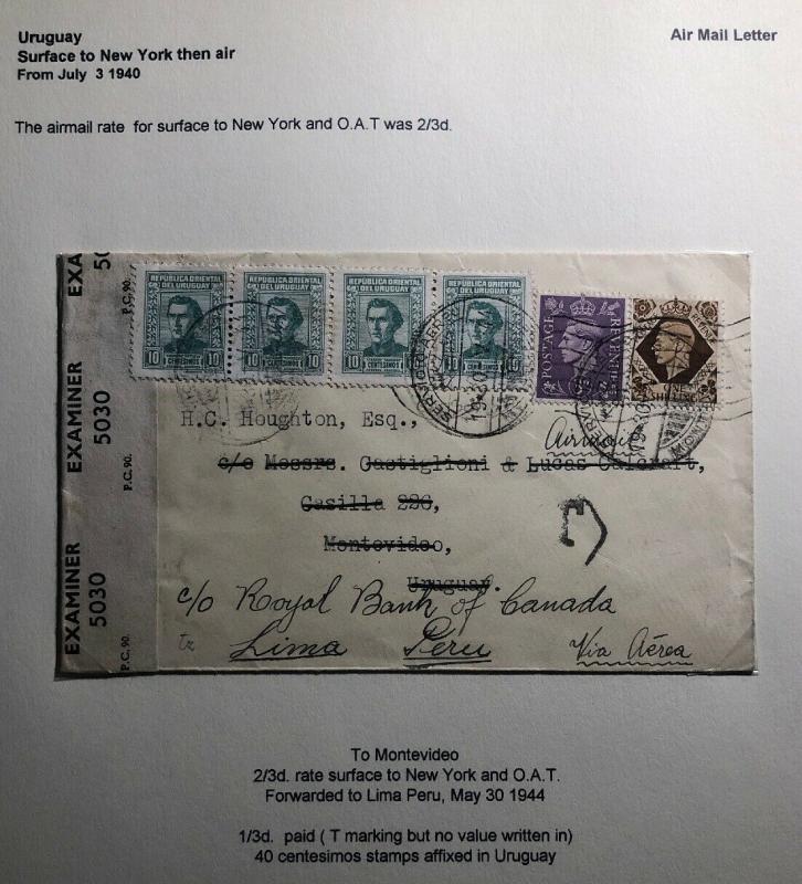 1944 England Lloyd Bank Censored Mixed Franking Cover To Montevideo Uruguay