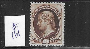 US #161 1873 JEFFERSON 10 CENTS (BROWN) NO GRILL-SECRET MARK- MINT NEVER HINGED