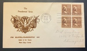 MARTHA WASHINGTON #955 MAY 5 1938 WASHINGTON DC FIRST DAY COVER (FDC) BX4