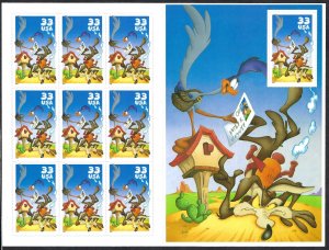 United States #3391 33¢ Road Runner and Wily Coyote. Booklet pane of 10. MNH