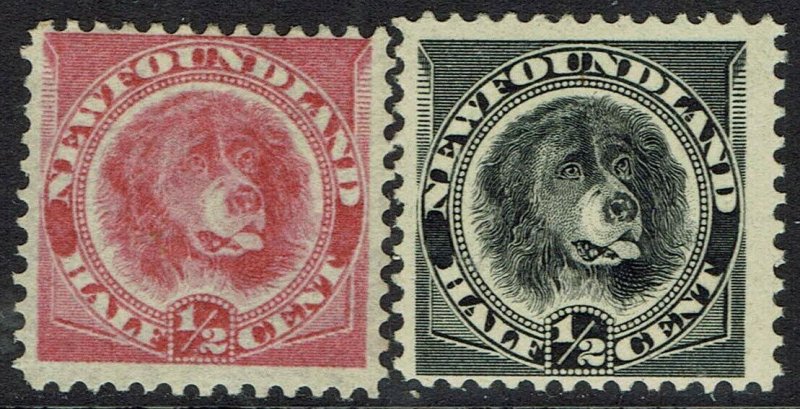 NEWFOUNDLAND 1887 & 1894 DOG 1/2C ROSE AND BLACK 