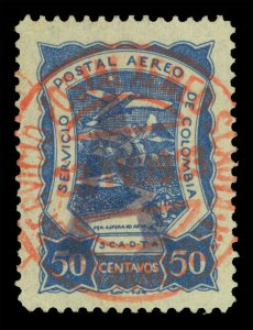 COLOMBIA 1921 AIRMAIL - SCADTA - Germany A handstamp 50c blue Sc# CLA6 used VF