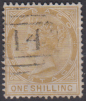 TOBAGO 1880 USED 1/- YELLOW OCHRE CC WMK SG12 CAT 