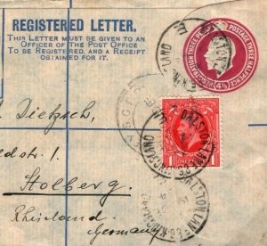 GB Cover Blue Lined KGV Registered Stationery Hackney RP43 Germany 1934 E165