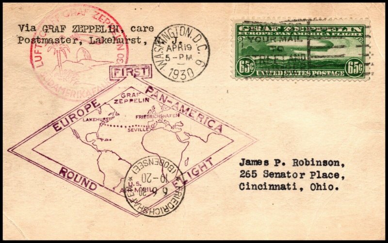 Scott C13 - 65 Cents Graf Zeppelin FDC On Flown Cover SCV $1000.00