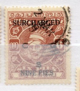 India Cochin 1944 Early Issue used Shade of 9p. Surcharged Optd NW-16139