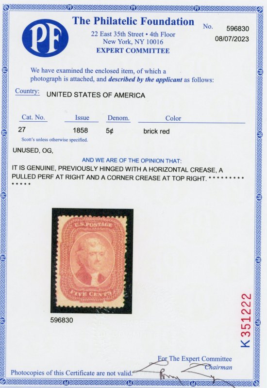 US Scott#27 OG Brick Red 1858 5c Jefferson, PF cert, cat $80,000
