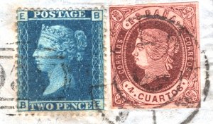 GB USED ABROAD/SPAIN *Mixed Franking* GIBRALTAR 1863 2d Blue/4c Chestnut SS3115