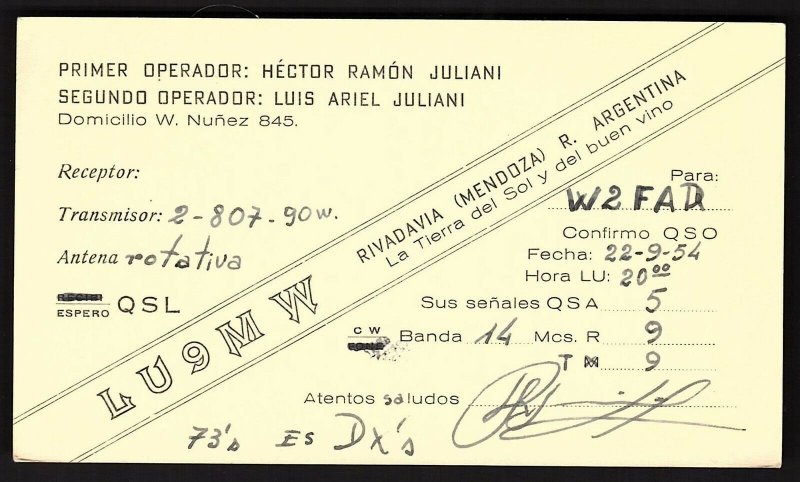 QSL QSO RADIO CARD LU9MW,Rivadavia(Mendoza),  R. Argentina (Q2653)