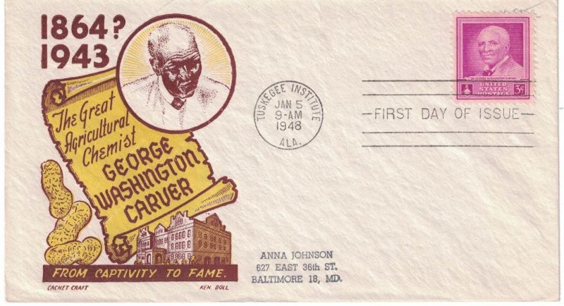 1948 FDC, #953, 3c George Washington Carver, CC/Boll