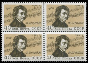 Russia #2406, 1960 Chopin, block of four, never hinged