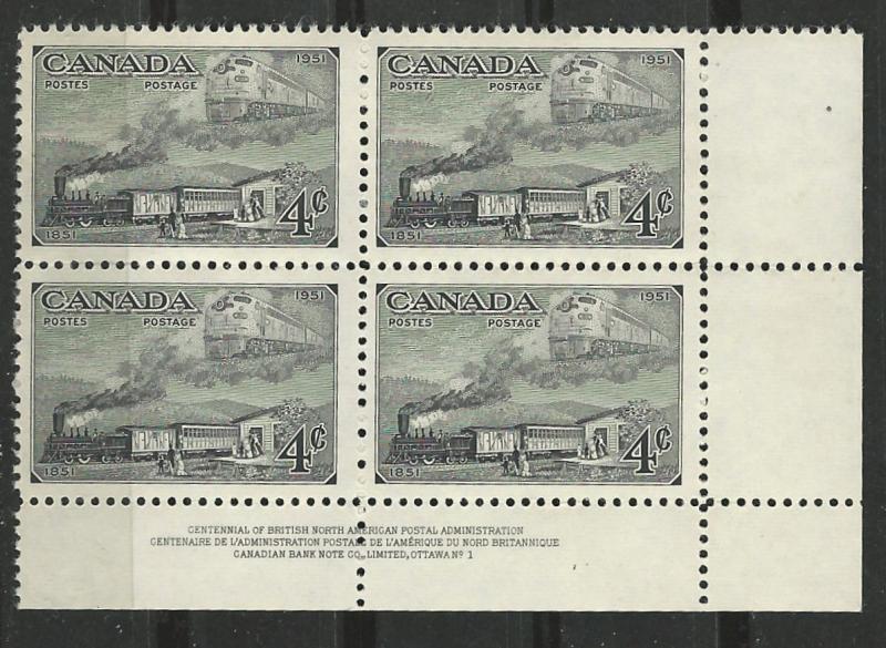 Canada #  311 Postal Centenary 4c  Trains  Plt.Blk.4   (1)  Mint NH