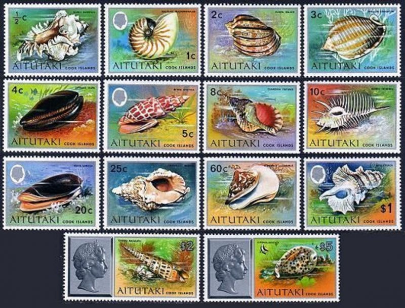 Aitutaki 82-95, MNH. Michel 94-105, 137-138. Pacific Shells, 1974-1975.