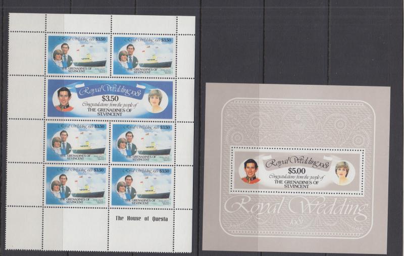 St. Vincent Grenadines Sc 209-215 MNH. 1981 Royal Wedding, cplt set of sheets