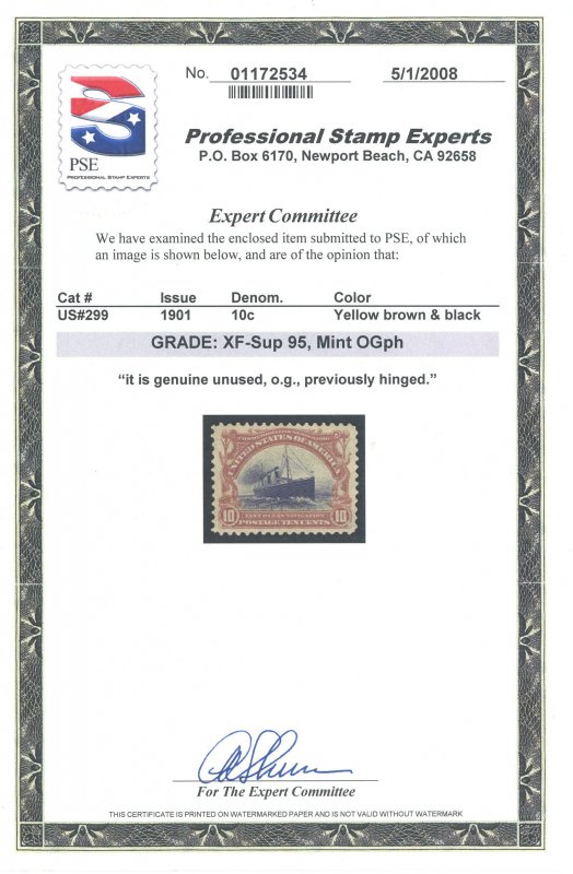 US Scott #299 Mint, XF/S, Hinged, PSE (Graded 95)